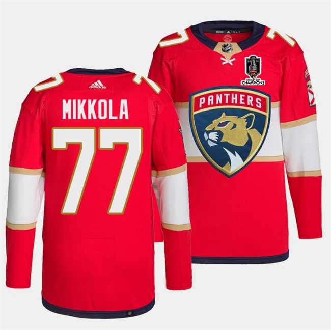 Mens Florida Panthers #77 Niko Mikkola Red Home 2024 Stanley Cup Champions Stitched Jersey Dzhi->florida panthers->NHL Jersey